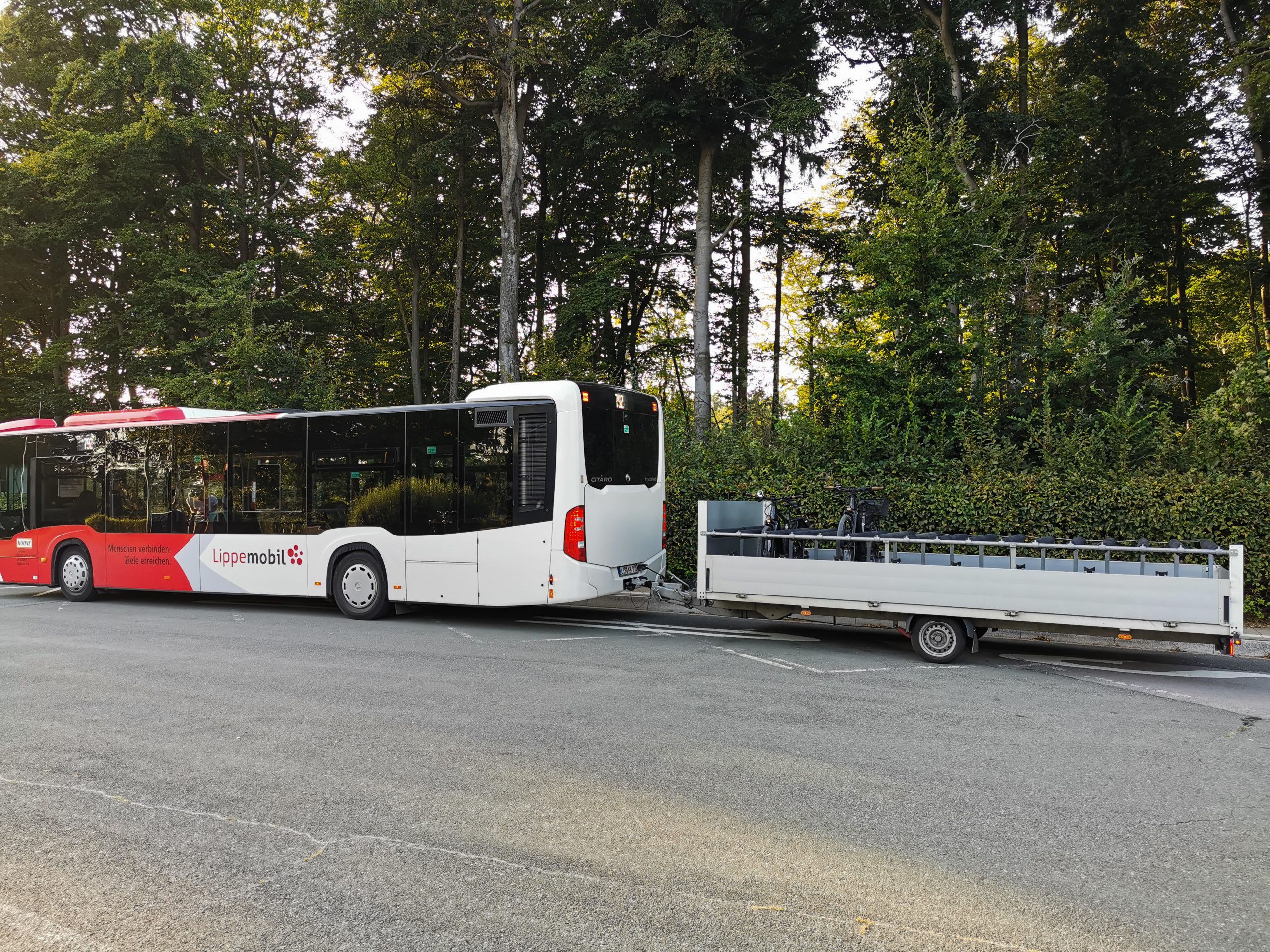 Das Foto zeigt einen Bus samt Fahrradanhänger auf der Römer-Lippe-Route