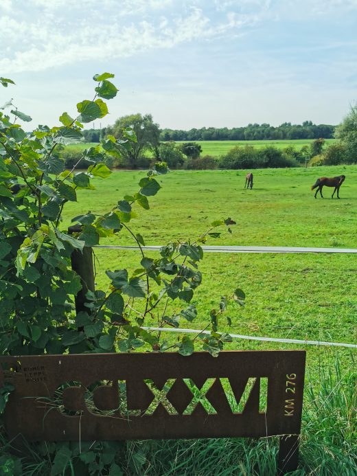 Das Foto zeigt eine Kilometertafel und Pferde in Wesel an der Römer-Lippe-Route